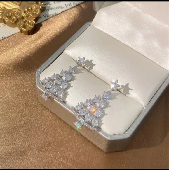 Silver Rhinestone Christmas Tree Heart Star Dangle Drop Earrings - Picture 3 of 8